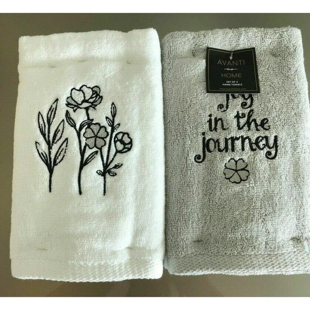 Avanti Hand Towels Enjoy The Journey Floral Black White Set of 2 Embroidered
